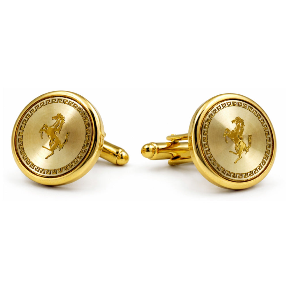 Gold-Tone Round Cufflinks for Men, Prancing Horse Engraved Design, Greek Key Border, Formal Wear Accessory