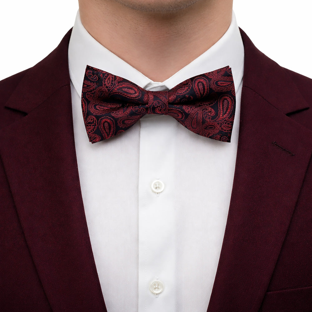 Black & Burgundy Paisley Bow Tie Set with Pocket Square, Cufflinks, Tie Bar, and Lapel Pins for Formal Occasions