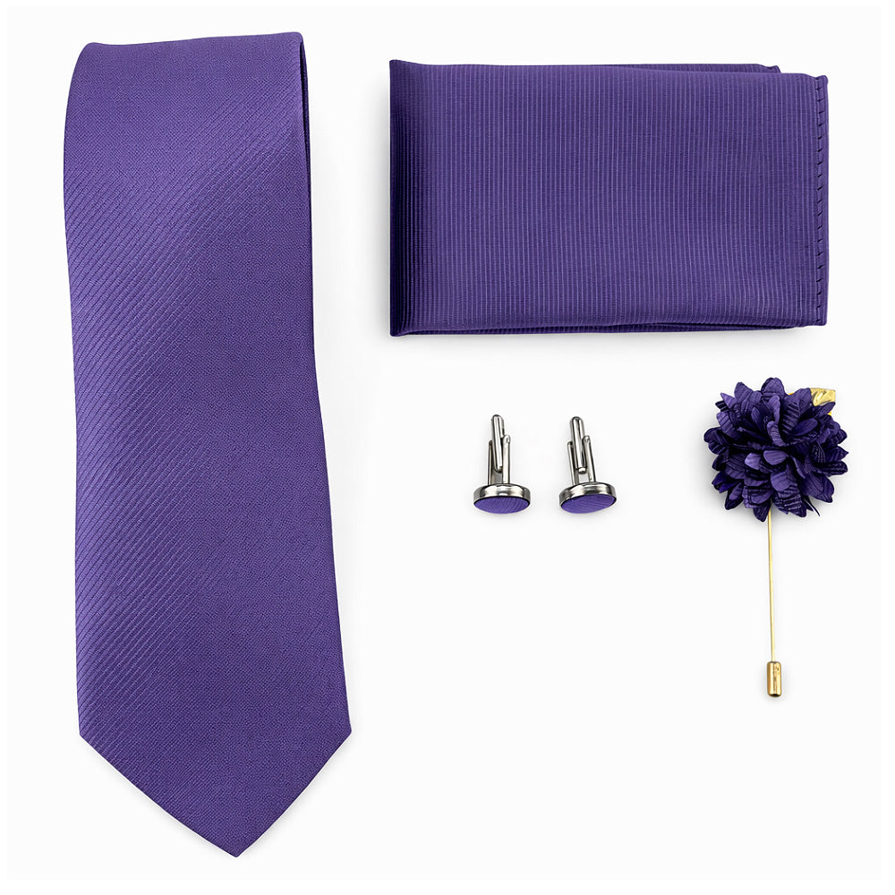 Men's Purple Tie Set with Pocket Square, Cufflinks, and Lapel Pin, Formal Gift Box