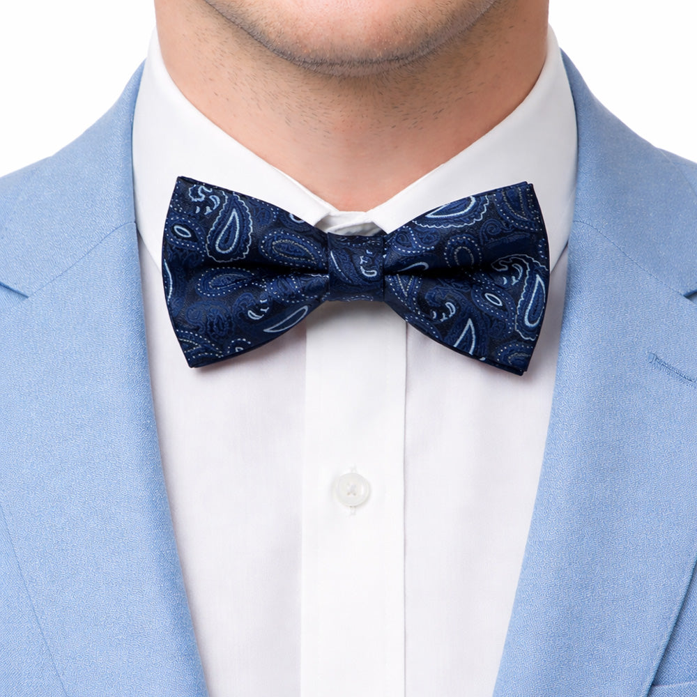 Royal Sapphire Paisley Bow Tie Set with Pocket Square, Cufflinks, Tie Bar, and Lapel Pins for Formal Occasions
