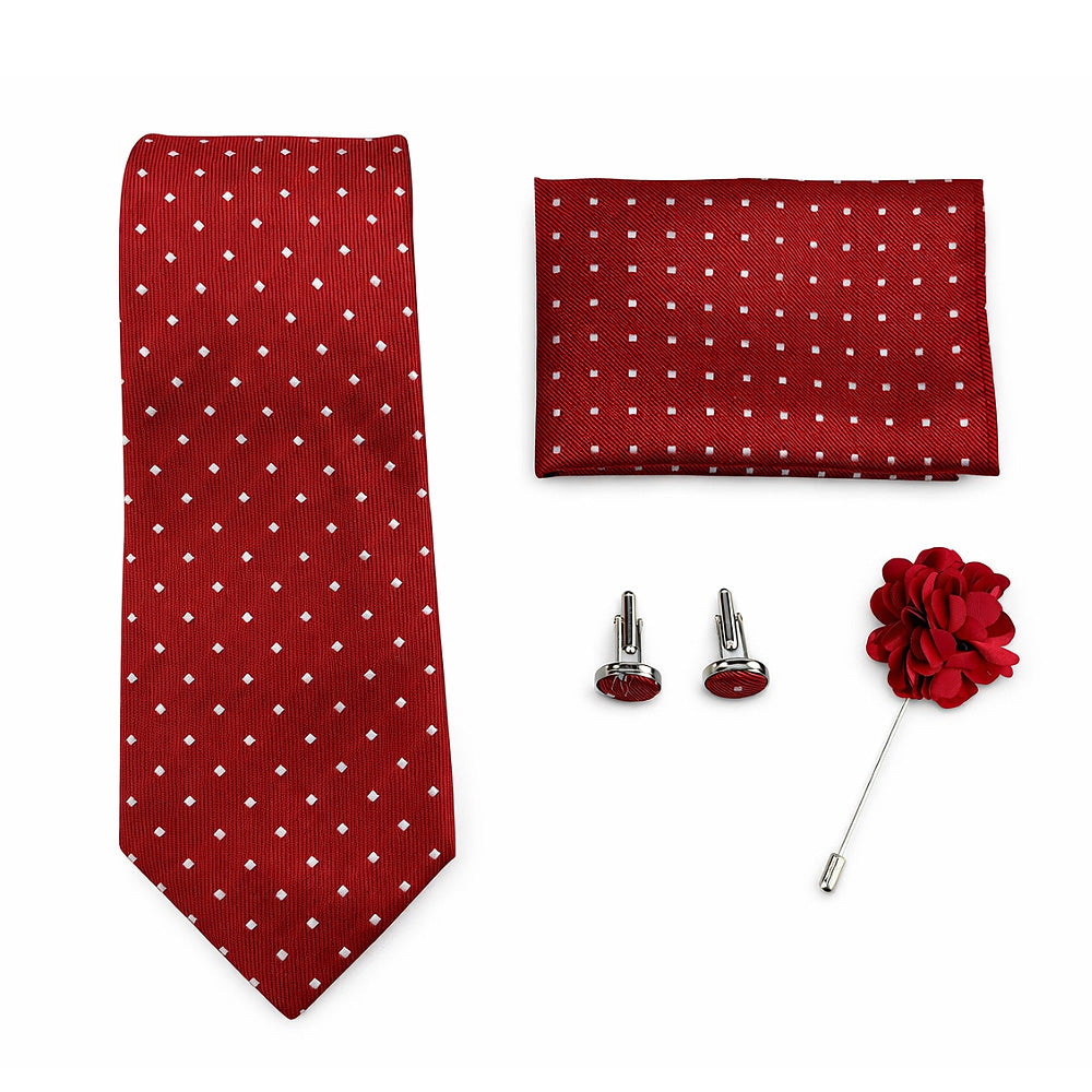 Men's Red Polka Dot Tie Set with Pocket Square, Cufflinks, and Lapel Pin, Gift Box Included