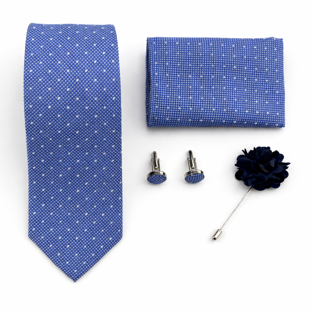 Men's Blue Polka Dot Tie Set with Pocket Square, Cufflinks, and Lapel Pin, Gift Box Included