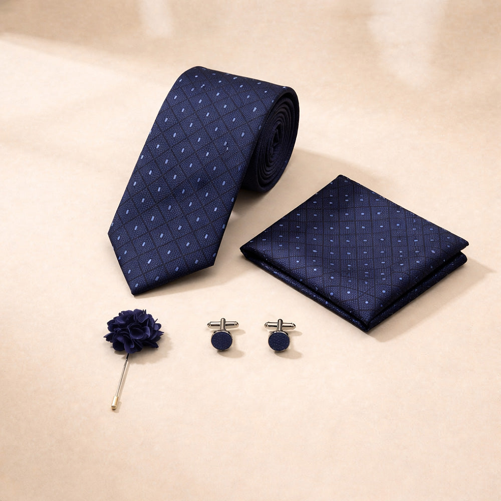 Men's Navy Blue Checkered Tie, Pocket Square, Cufflinks and Brooch Gift Set