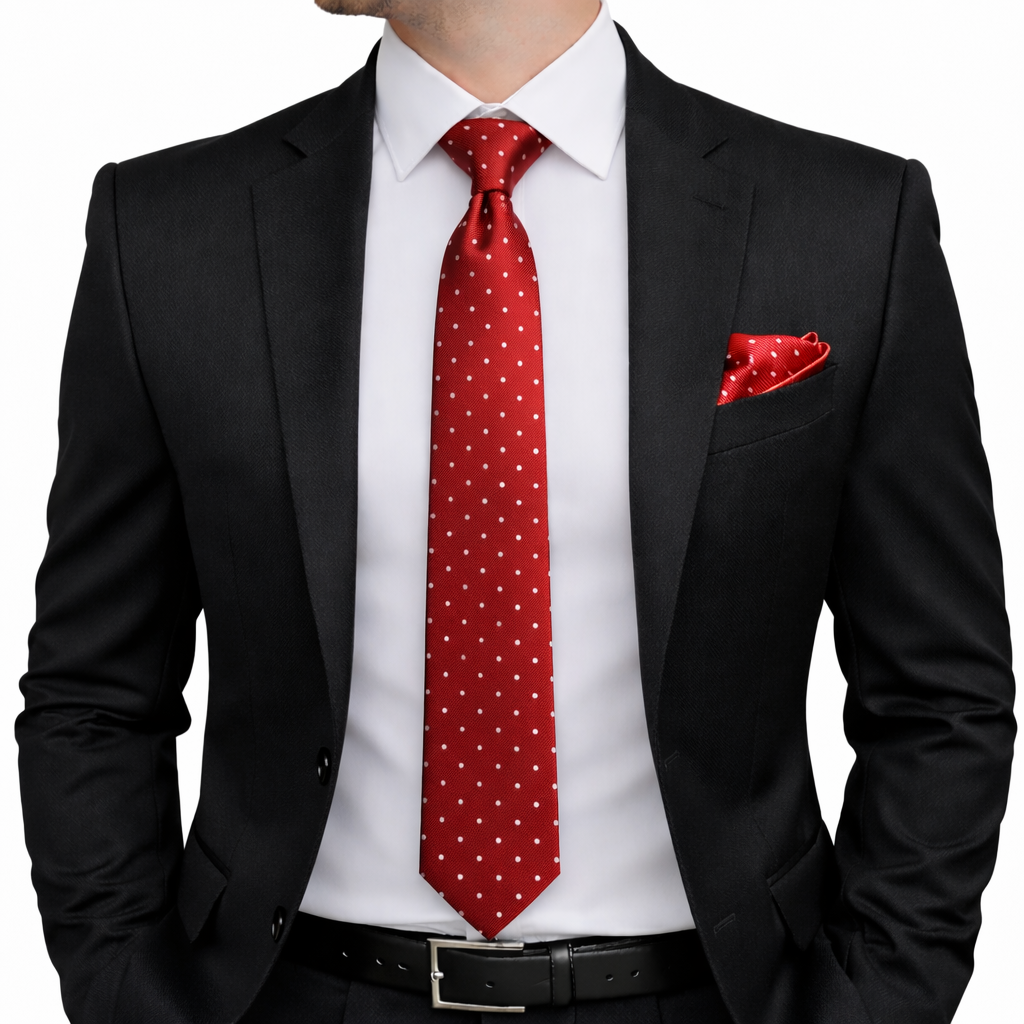 Men's Red Polka Dot Tie Set with Pocket Square, Cufflinks, and Lapel Pin, Gift Box Included
