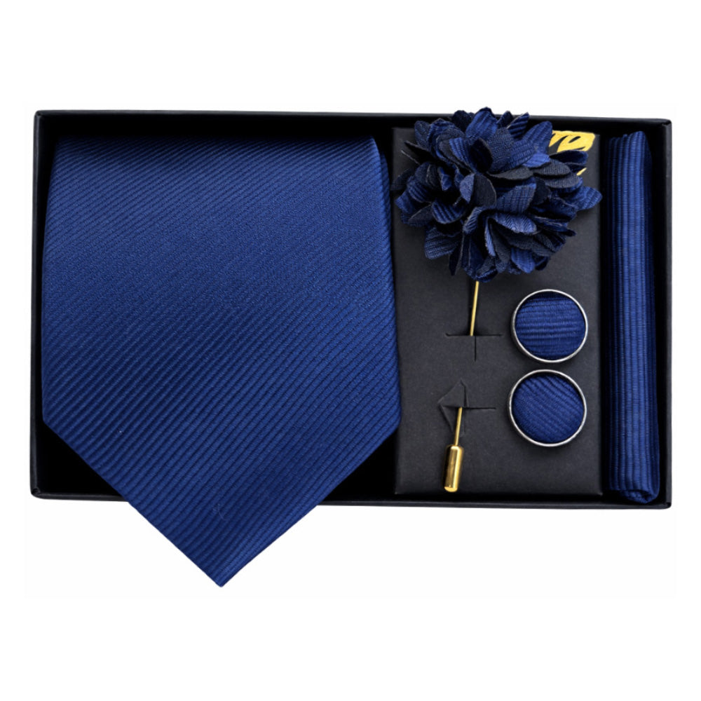 Men's Navy Blue Tie Set with Pocket Square, Cufflinks, and Lapel Pin, Formal Gift Box