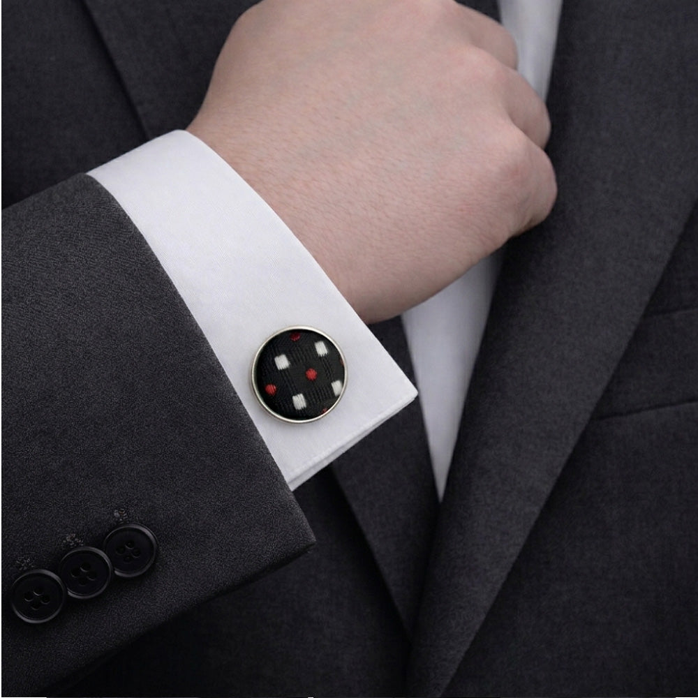 Men's Tie Set, Black with Red and White Polka Dot Pattern, Necktie, Pocket Square, Cufflinks, and Lapel Pin