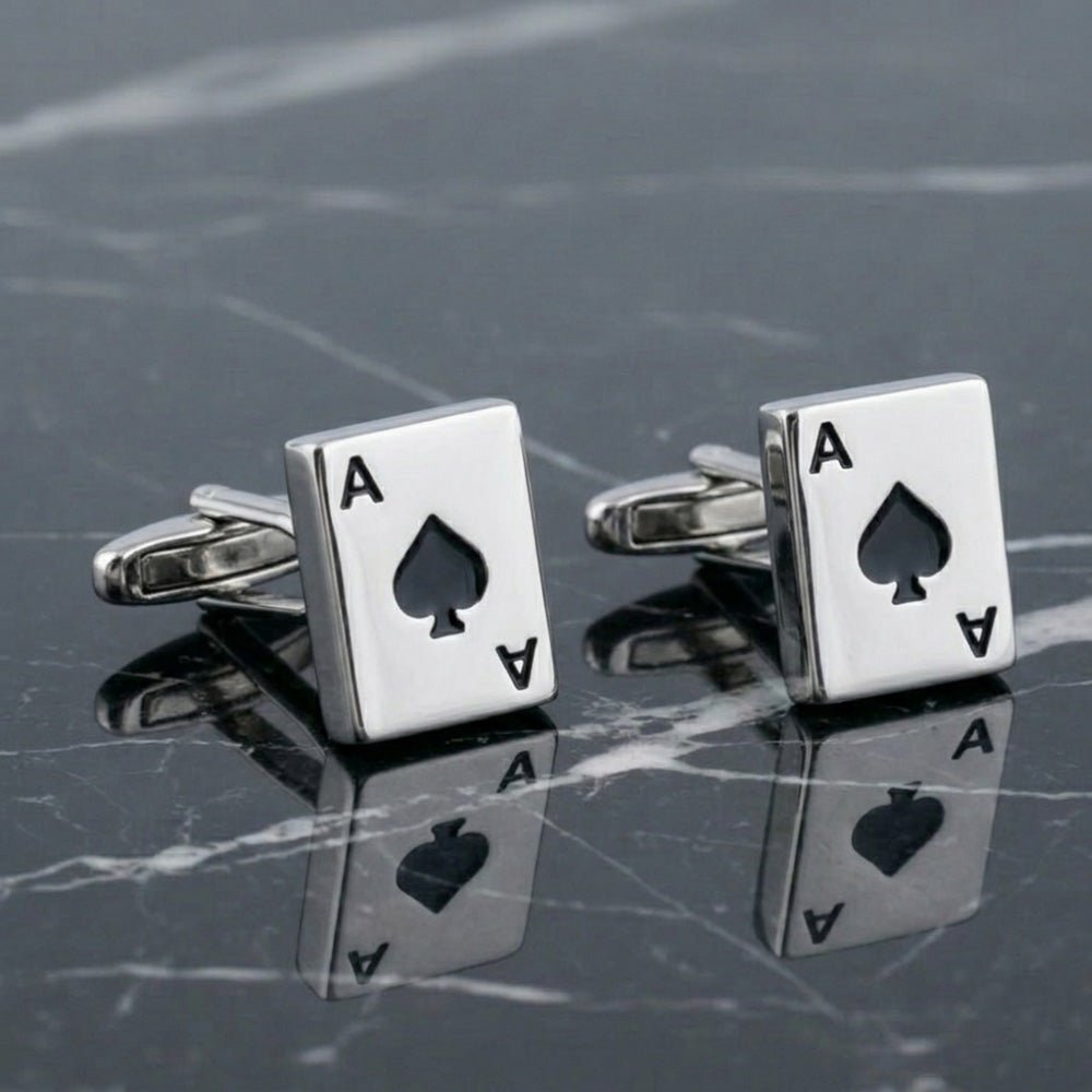 Ace of Spades Playing Card Cufflinks, Silver, Men's Formal Accessory, Novelty Casino Theme