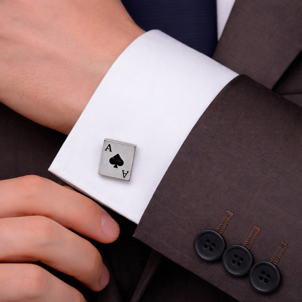 Ace of Spades Playing Card Cufflinks, Silver, Men's Formal Accessory, Novelty Casino Theme