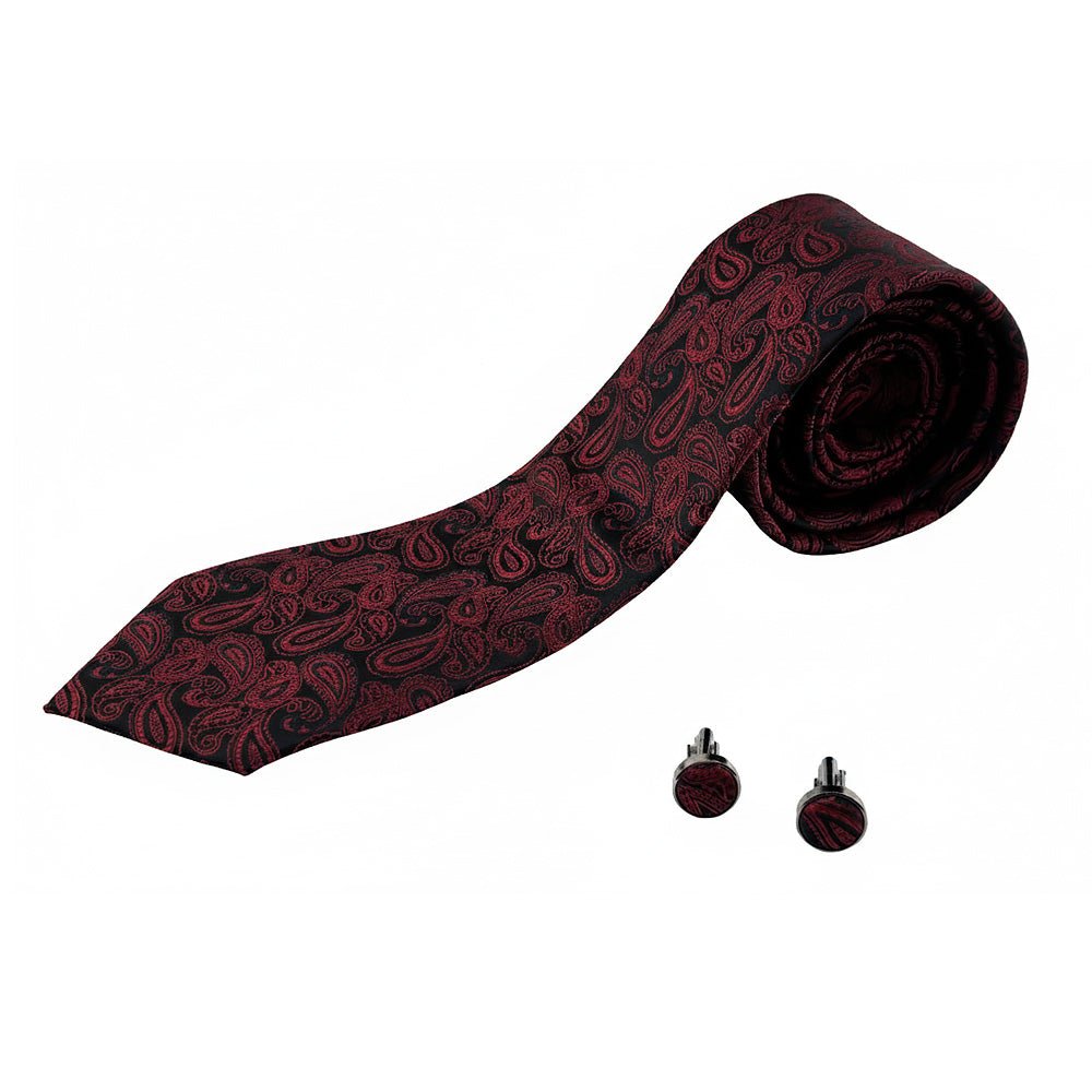 Black & Burgundy Paisley Bow Tie Set with Pocket Square, Cufflinks, Tie Bar, and Lapel Pins for Formal Occasions