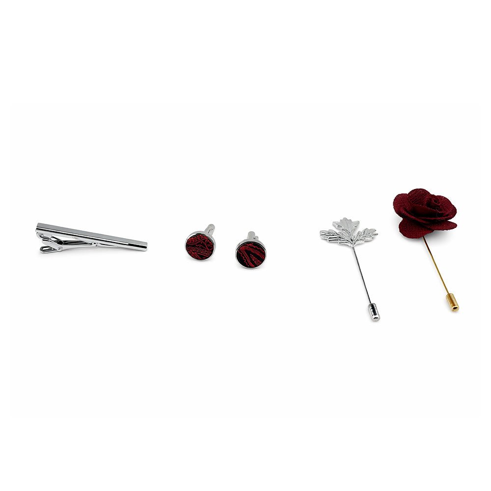 Black & Burgundy Paisley Bow Tie Set with Pocket Square, Cufflinks, Tie Bar, and Lapel Pins for Formal Occasions