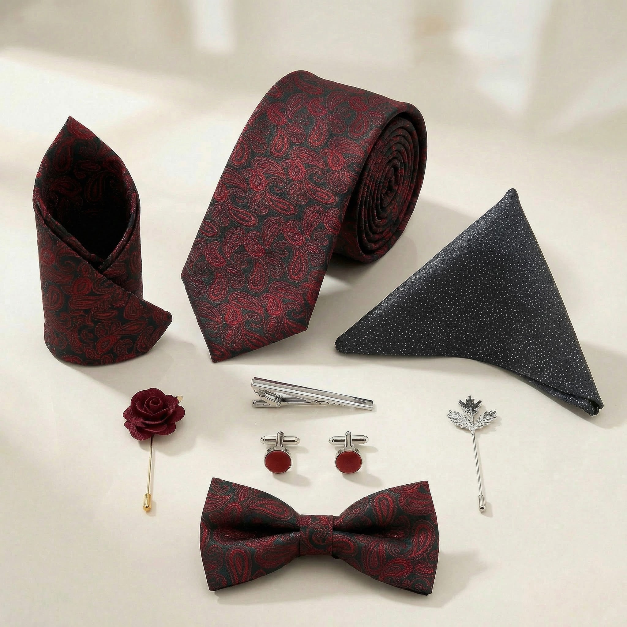 Black & Burgundy Paisley Bow Tie Set with Pocket Square, Cufflinks, Tie Bar, and Lapel Pins for Formal Occasions - Lucas Lia