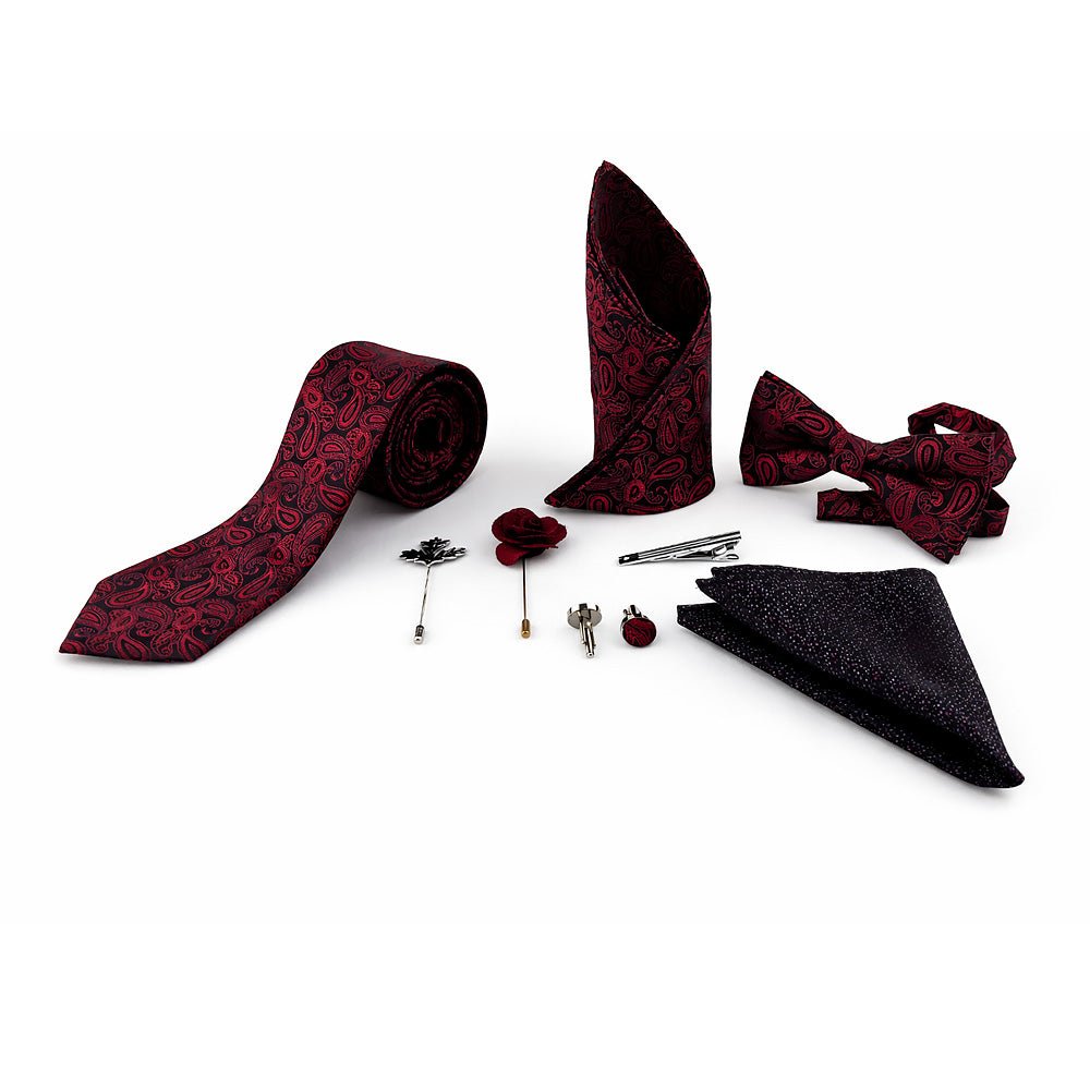 Black & Burgundy Paisley Bow Tie Set with Pocket Square, Cufflinks, Tie Bar, and Lapel Pins for Formal Occasions