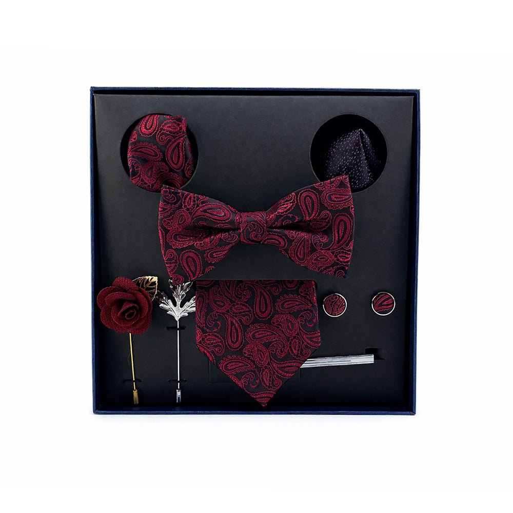 Black & Burgundy Paisley Bow Tie Set with Pocket Square, Cufflinks, Tie Bar, and Lapel Pins for Formal Occasions