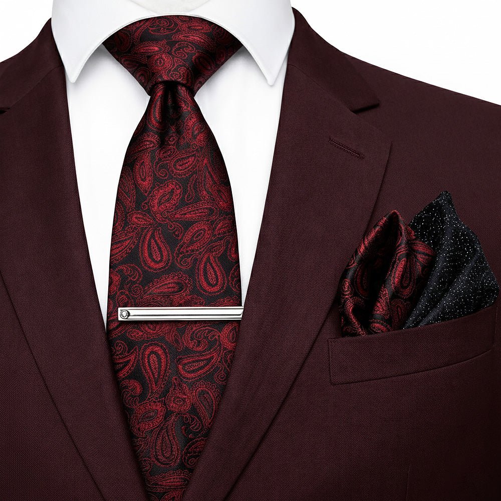 Black & Burgundy Paisley Bow Tie Set with Pocket Square, Cufflinks, Tie Bar, and Lapel Pins for Formal Occasions