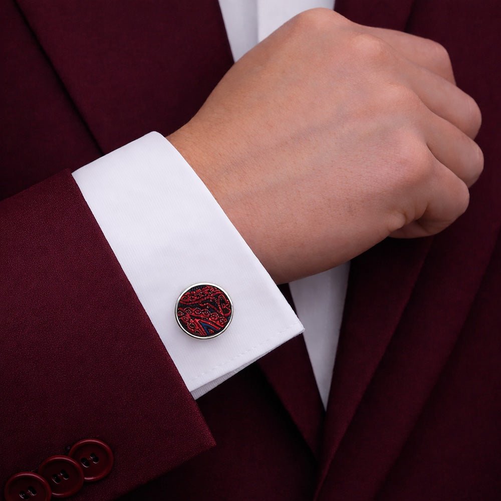 Black & Burgundy Paisley Bow Tie Set with Pocket Square, Cufflinks, Tie Bar, and Lapel Pins for Formal Occasions