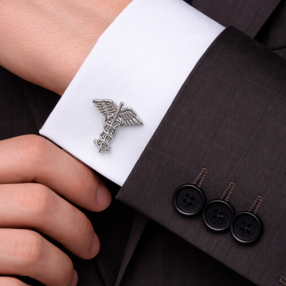 Caduceus Symbol Cufflinks, Silver Tone, Medical Theme, Winged Staff Design, Set of 2