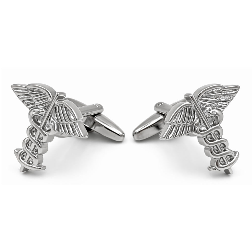 Caduceus Symbol Cufflinks, Silver Tone, Medical Theme, Winged Staff Design, Set of 2