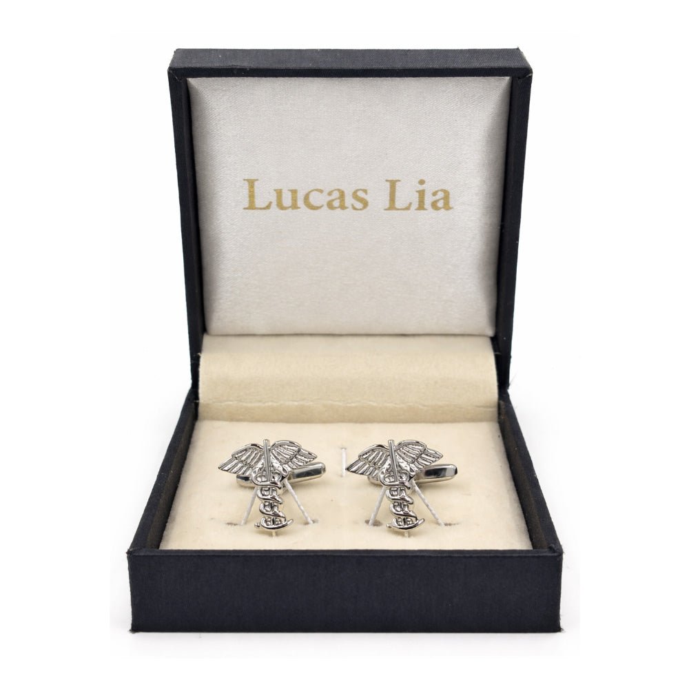 Caduceus Symbol Cufflinks, Silver Tone, Medical Theme, Winged Staff Design, Set of 2