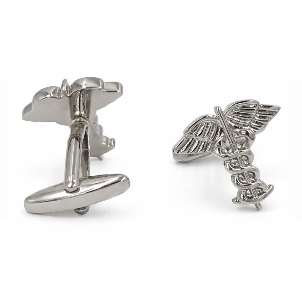 Caduceus Symbol Cufflinks, Silver Tone, Medical Theme, Winged Staff Design, Set of 2