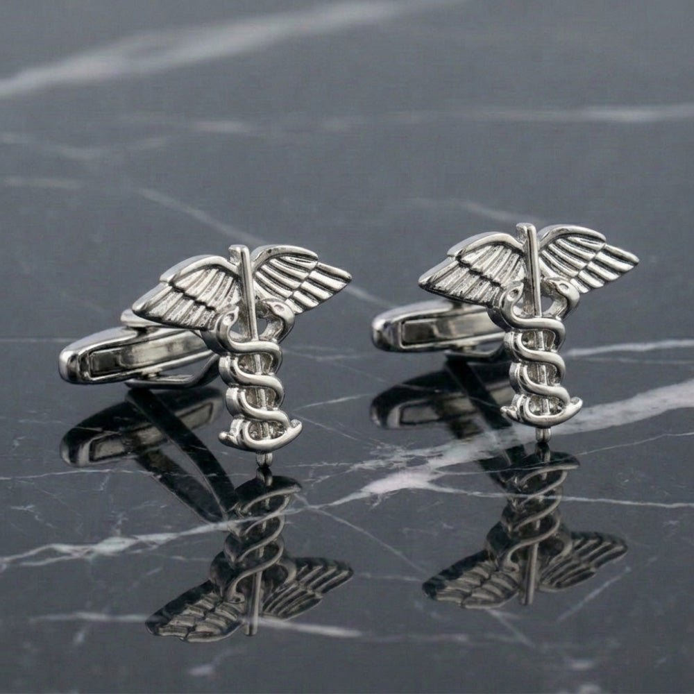 Caduceus Symbol Cufflinks, Silver Tone, Medical Theme, Winged Staff Design, Set of 2