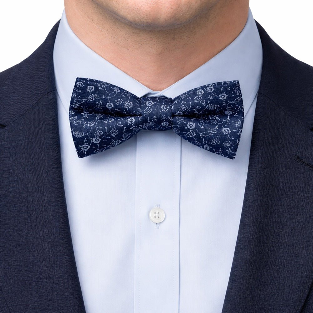 Classic Navy Paisley Bow Tie Set with Pocket Square, Cufflinks, Tie Bar, and Lapel Pins for Formal Occasions