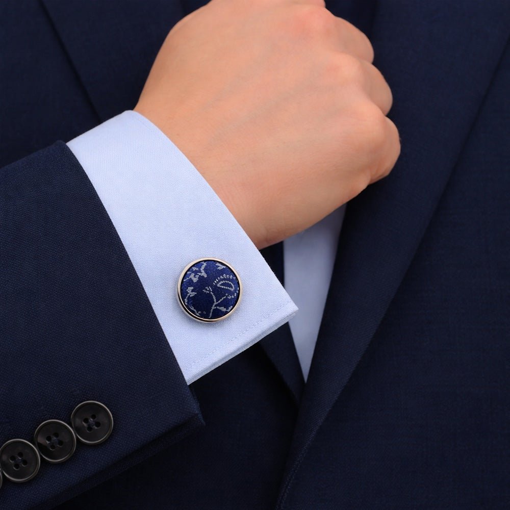 Classic Navy Paisley Bow Tie Set with Pocket Square, Cufflinks, Tie Bar, and Lapel Pins for Formal Occasions