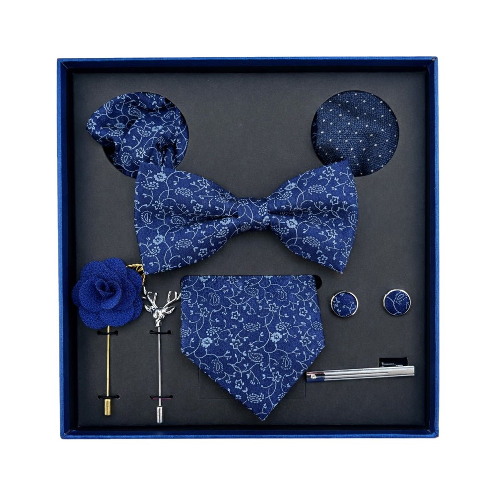 Classic Navy Paisley Bow Tie Set with Pocket Square, Cufflinks, Tie Bar, and Lapel Pins for Formal Occasions - Lucas Lia