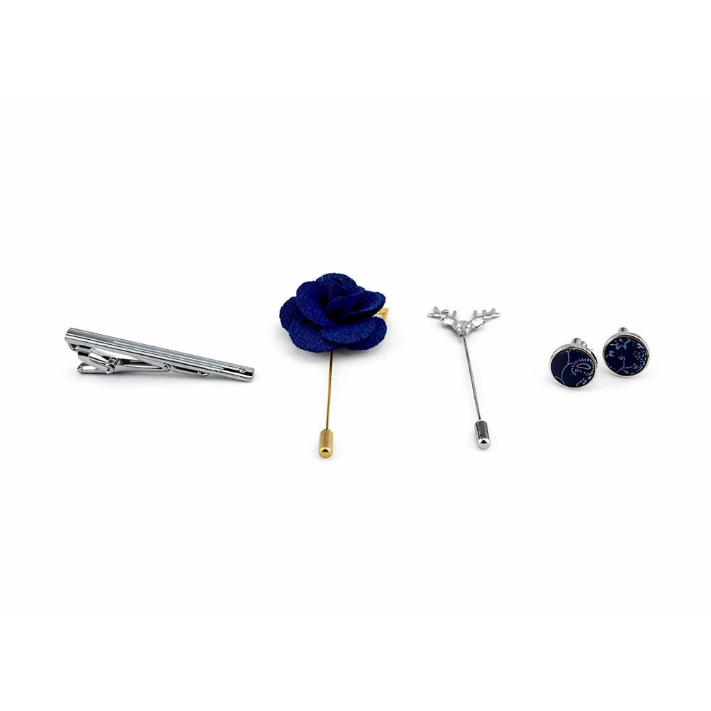Classic Navy Paisley Bow Tie Set with Pocket Square, Cufflinks, Tie Bar, and Lapel Pins for Formal Occasions