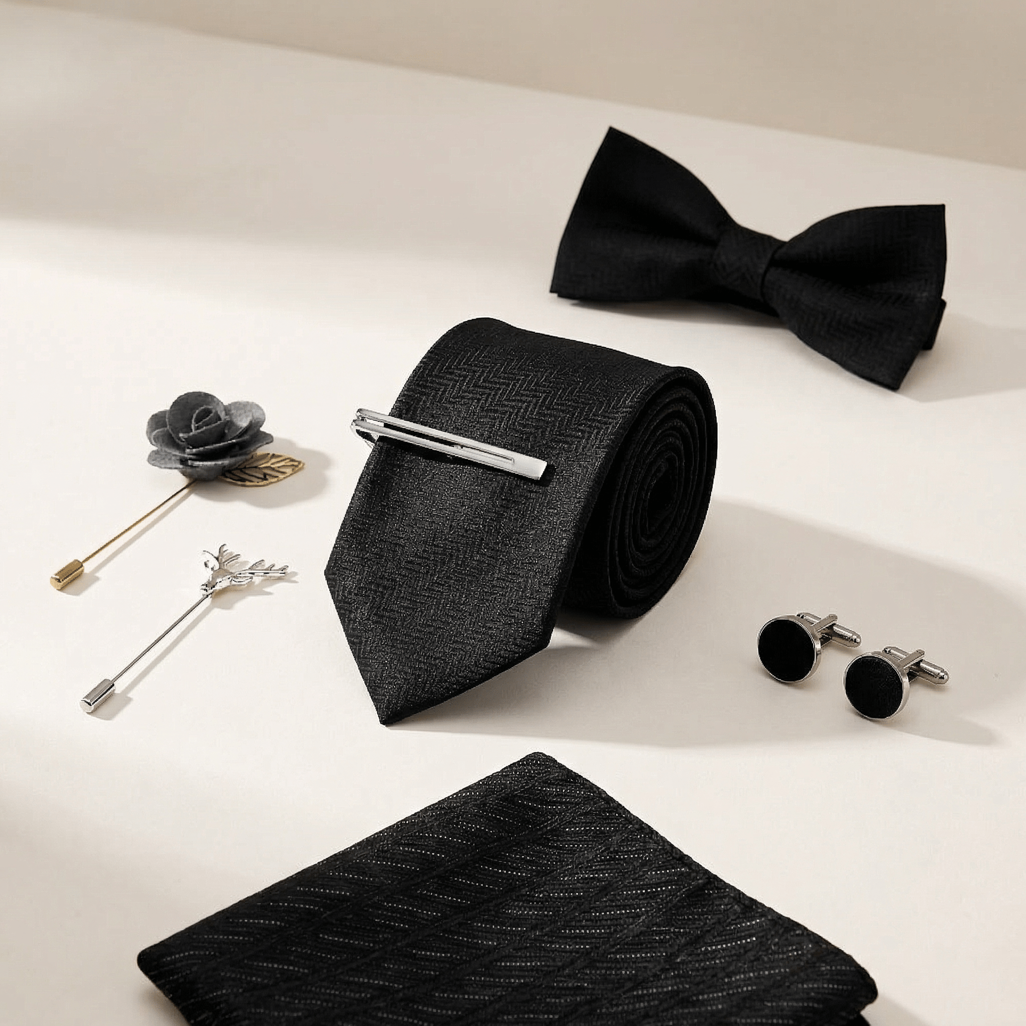Classic Navy Paisley Bow Tie Set with Pocket Square, Cufflinks, Tie Bar, and Lapel Pins for Formal Occasions - Lucas Lia