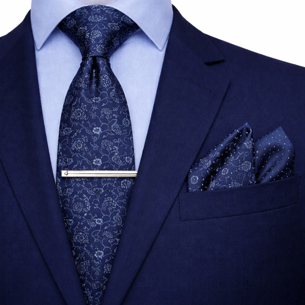 Classic Navy Paisley Bow Tie Set with Pocket Square, Cufflinks, Tie Bar, and Lapel Pins for Formal Occasions