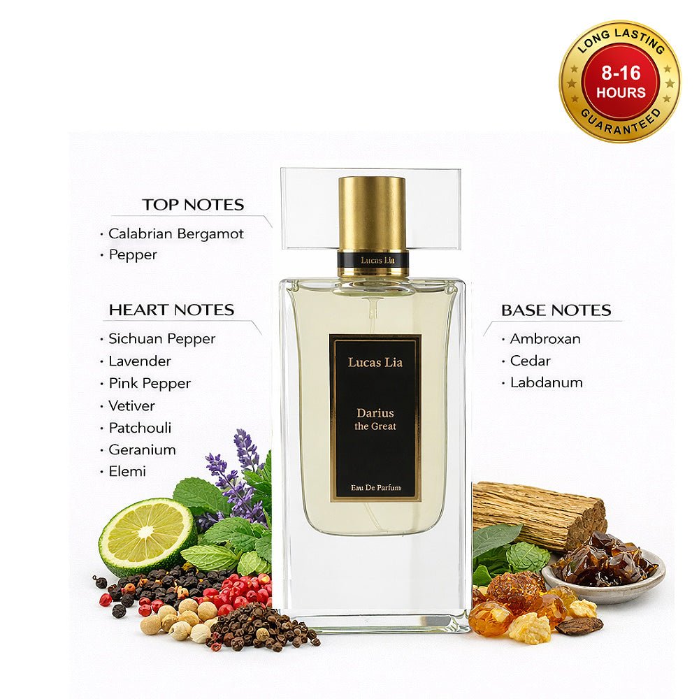 Darius The Great Eau The Perfume, 12-24 Hours Lasting, Calabrian Bergamot, pepper, Lavender, Patchouli, Ambroxan, Ceder