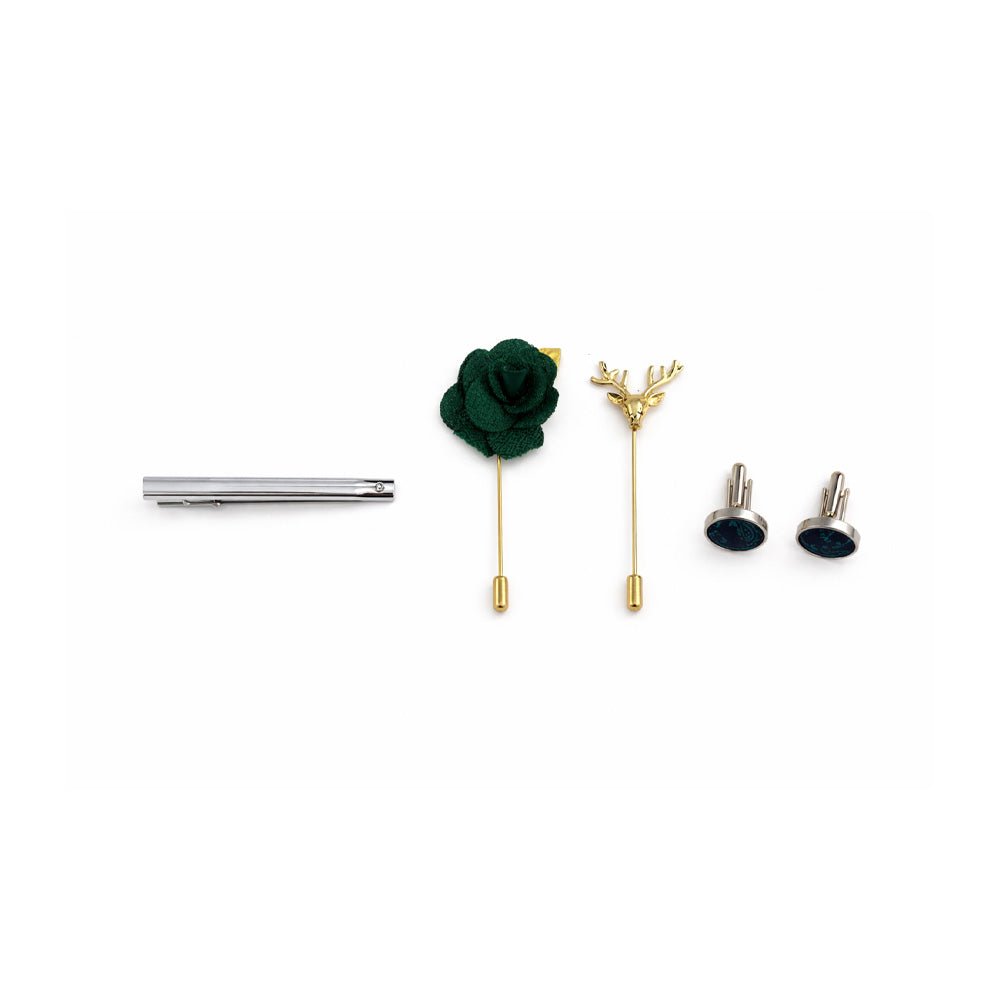 Emerald Midnight Floral Bow Tie Set with Pocket Square, Cufflinks, Tie Bar, and Lapel Pins for Formal Occasions