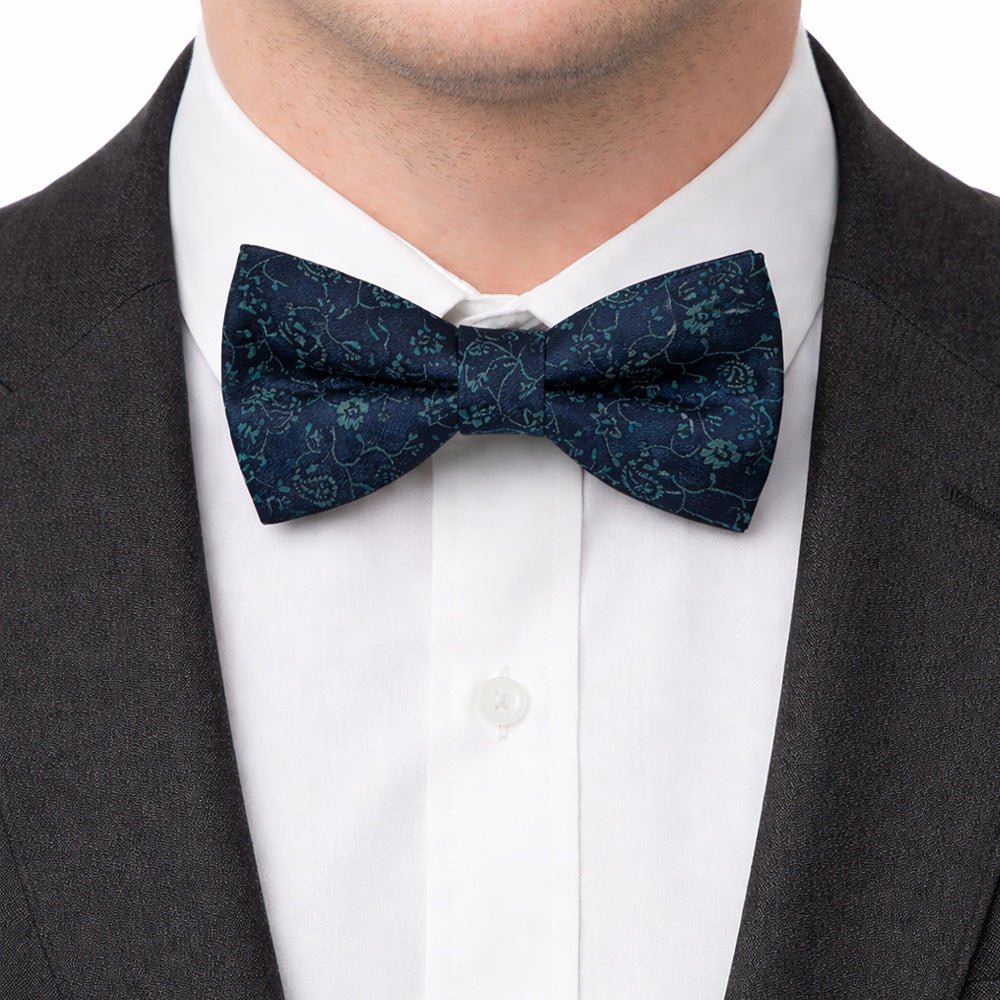 Emerald Midnight Floral Bow Tie Set with Pocket Square, Cufflinks, Tie Bar, and Lapel Pins for Formal Occasions