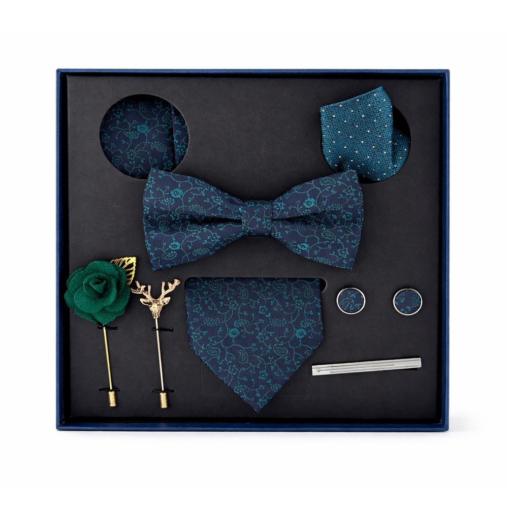 Emerald Midnight Floral Bow Tie Set with Pocket Square, Cufflinks, Tie Bar, and Lapel Pins for Formal Occasions - Lucas Lia