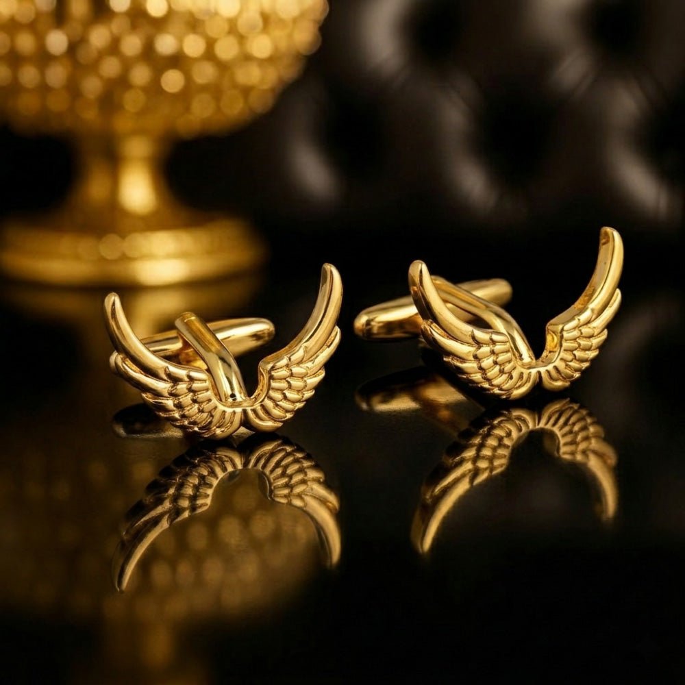 Gold Angel Wings Cufflinks, Polished Finish, Formal Dress Shirt Accessories, Set of 2