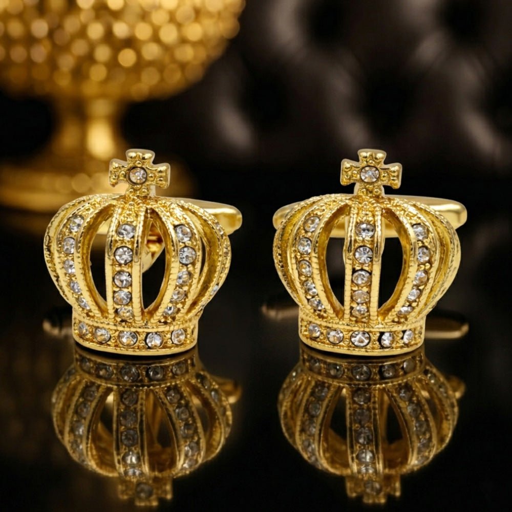 Gold Crown Cufflinks with Crystal Rhinestone Embellishments, Royal King Design, Formal Dress Accessory