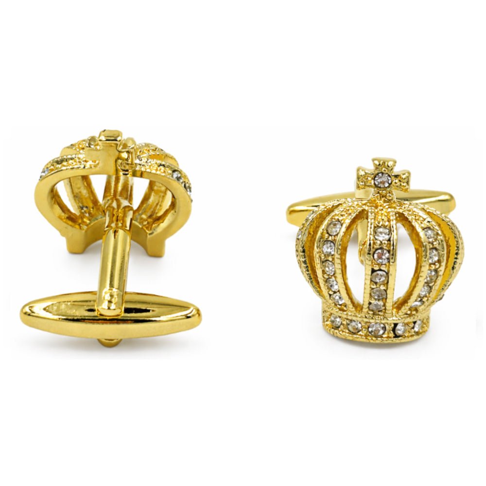 Gold Crown Cufflinks with Crystal Rhinestone Embellishments, Royal King Design, Formal Dress Accessory