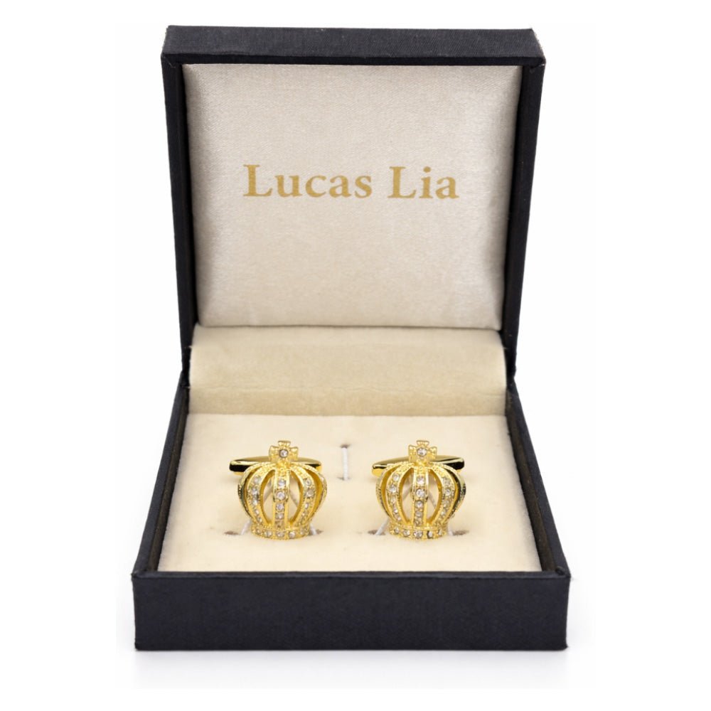Gold Crown Cufflinks with Crystal Rhinestone Embellishments, Royal King Design, Formal Dress Accessory