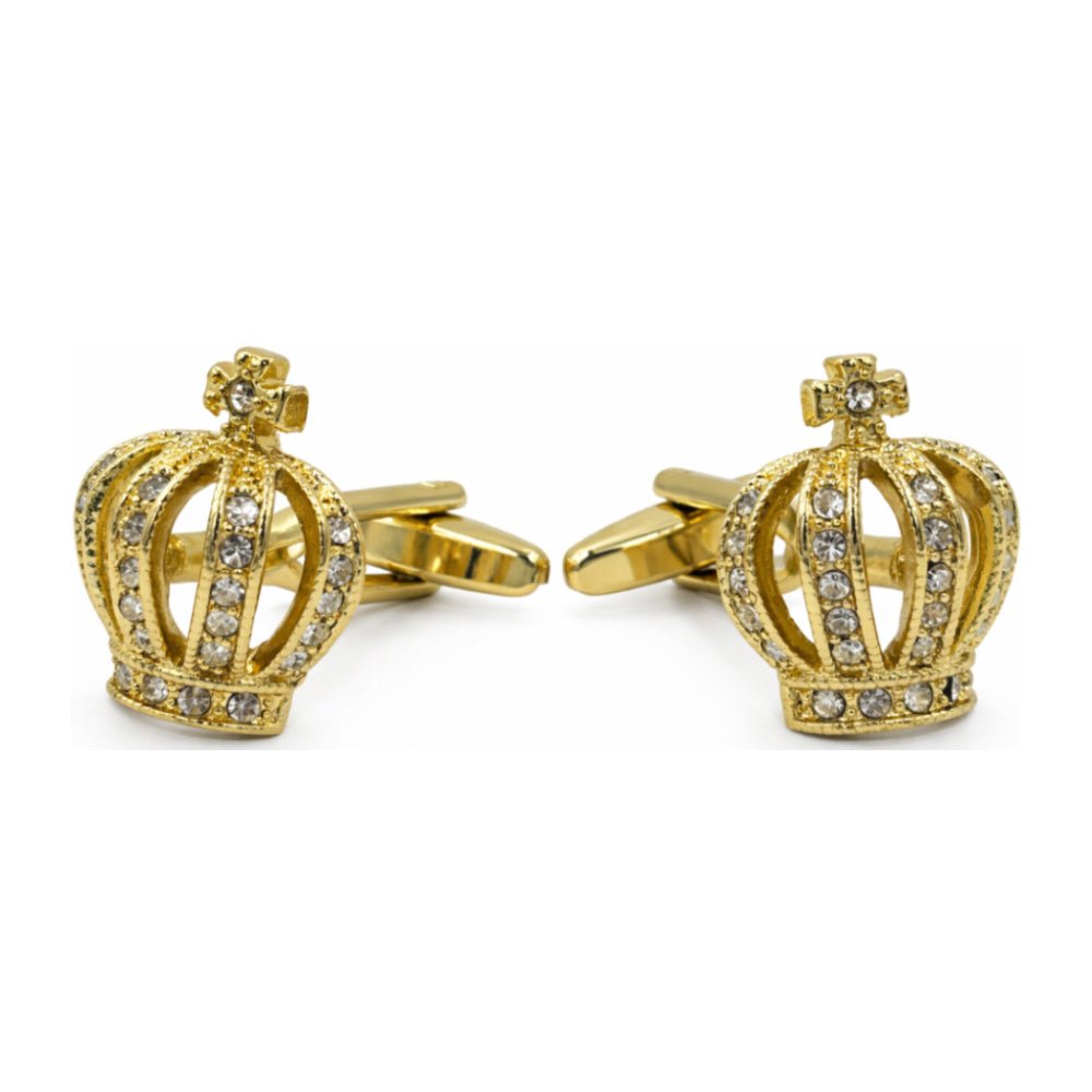 Gold Crown Cufflinks with Crystal Rhinestone Embellishments, Royal King Design, Formal Dress Accessory