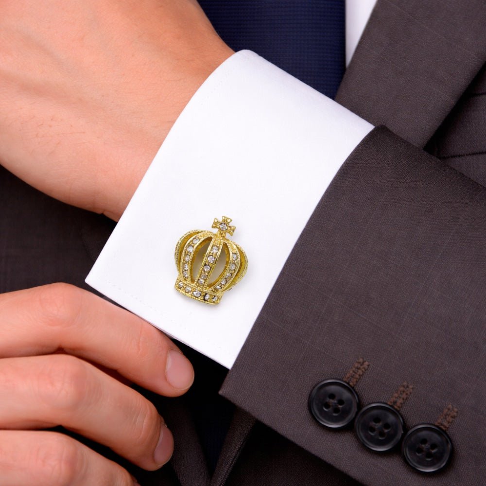 Gold Crown Cufflinks with Crystal Rhinestone Embellishments, Royal King Design, Formal Dress Accessory