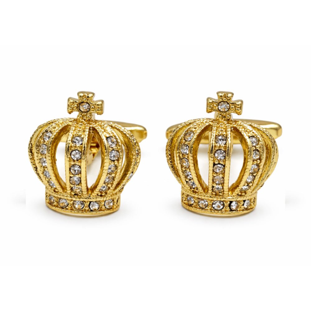 Gold Crown Cufflinks with Crystal Rhinestone Embellishments, Royal King Design, Formal Dress Accessory - Lucas Lia