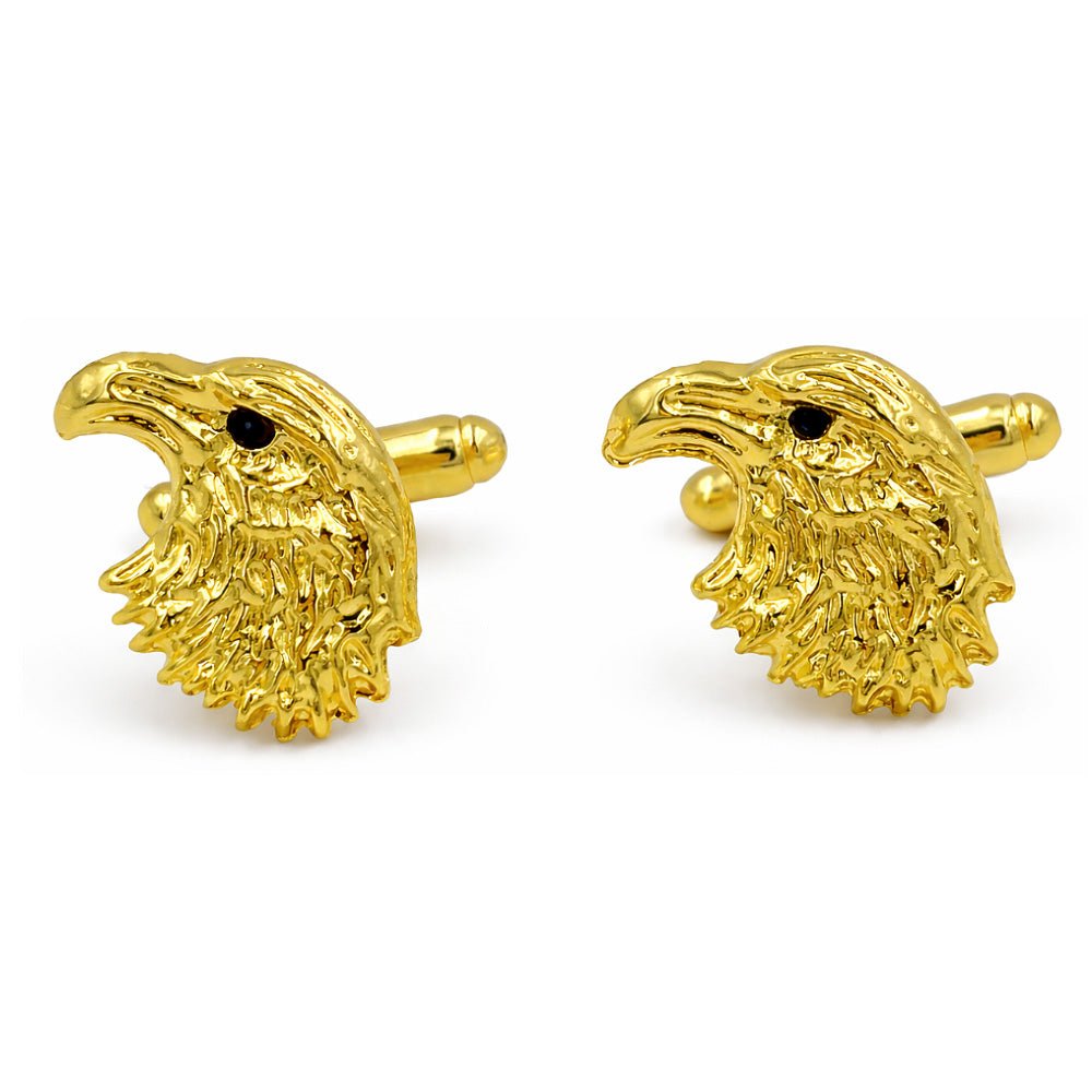 Gold - Tone Bald Eagle Head Cufflinks, Metal, Black Eye Accent, Men's Formal Shirt Accessory - Lucas Lia
