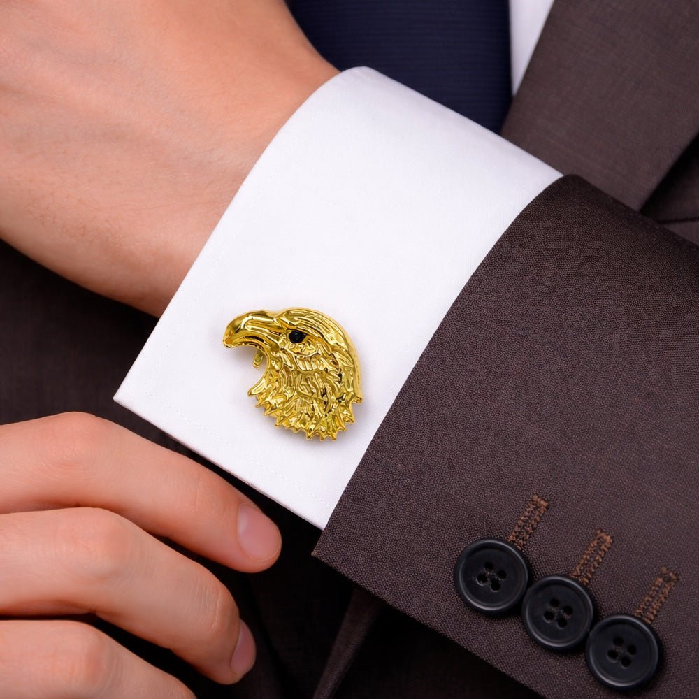 Gold-Tone Bald Eagle Head Cufflinks, Metal, Black Eye Accent, Men's Formal Shirt Accessory