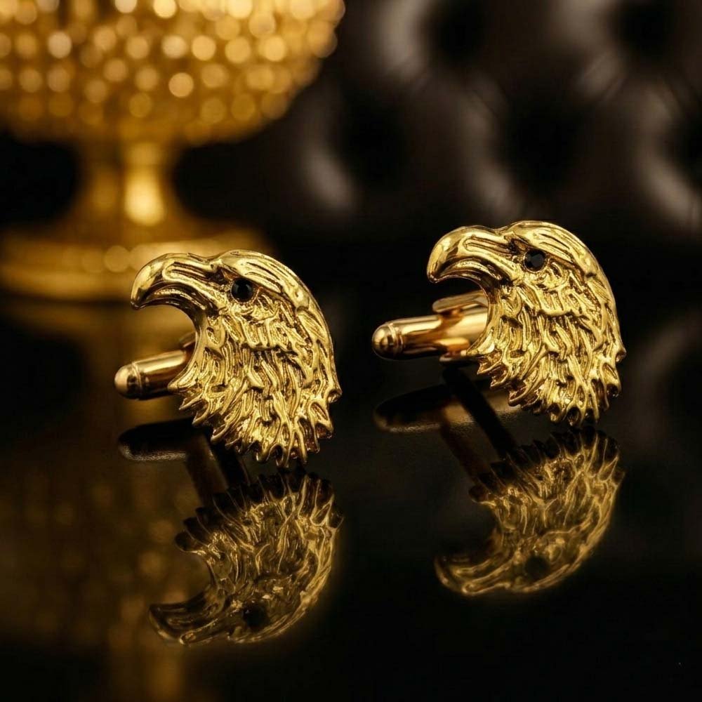 Gold-Tone Bald Eagle Head Cufflinks, Metal, Black Eye Accent, Men's Formal Shirt Accessory