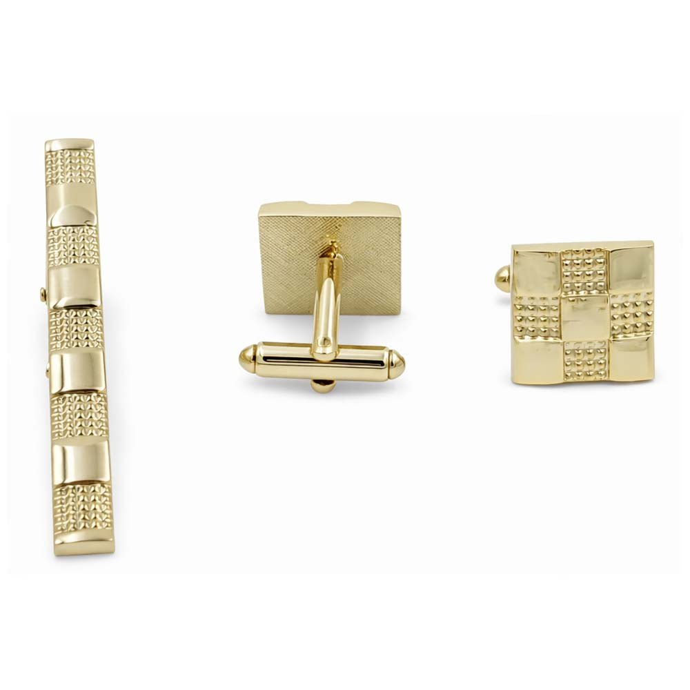 Gold-Tone Cufflinks and Tie Clip Set, Checkered Pattern, Square Shape, Men's Formal Accessories