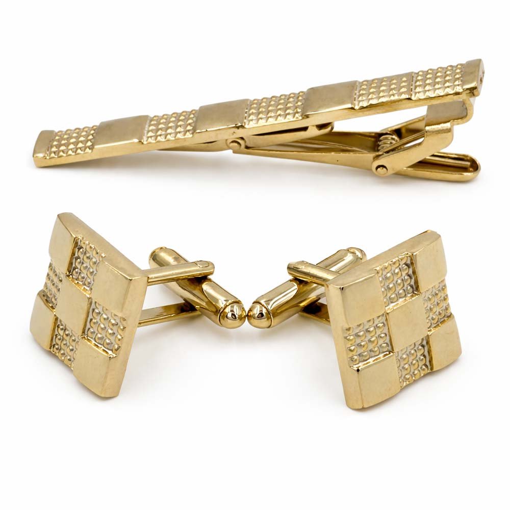 Gold-Tone Cufflinks and Tie Clip Set, Checkered Pattern, Square Shape, Men's Formal Accessories
