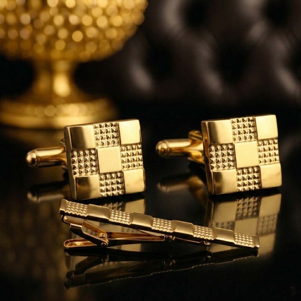 Gold-Tone Cufflinks and Tie Clip Set, Checkered Pattern, Square Shape, Men's Formal Accessories