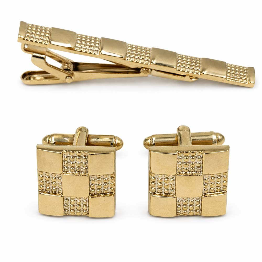 Gold - Tone Cufflinks and Tie Clip Set, Checkered Pattern, Square Shape, Men's Formal Accessories - Lucas Lia