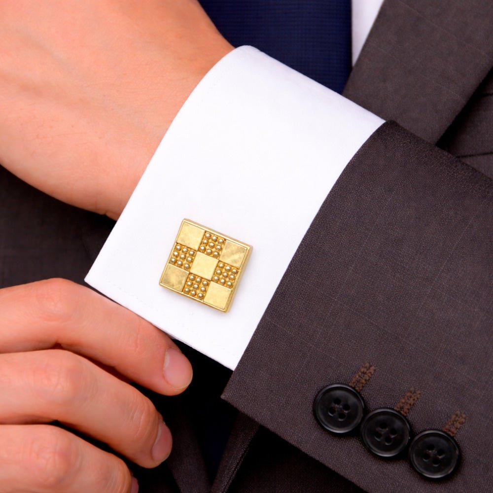 Gold-Tone Cufflinks and Tie Clip Set, Checkered Pattern, Square Shape, Men's Formal Accessories