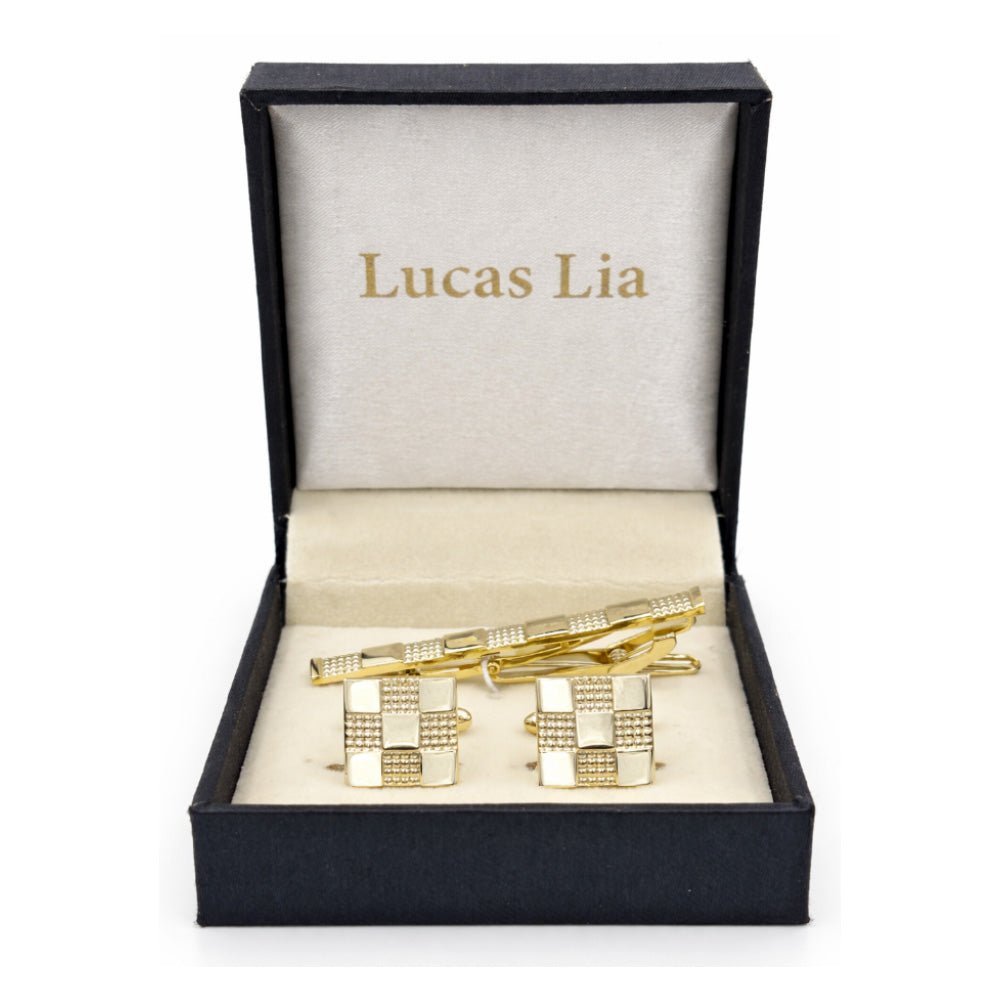 Gold-Tone Cufflinks and Tie Clip Set, Checkered Pattern, Square Shape, Men's Formal Accessories